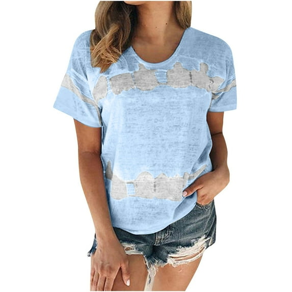 tklpehg Shirts for Women Trendy Summer Short Sleeve Color Block Patchwork Graphic Shirts Causal Comfortable Relaxed Fit T Shirts Crewneck Tie Dye Shirts Going Out Tops Blouses Light Blue M