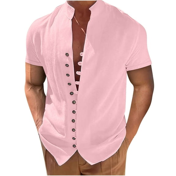 tklpehg Short Sleeve Button Down shirts for Men Summer Fashion Slim Comfy Tops Casual Basic Lapel T Shirts Classic Solid Color Shirts T Shirt (Pink,S)