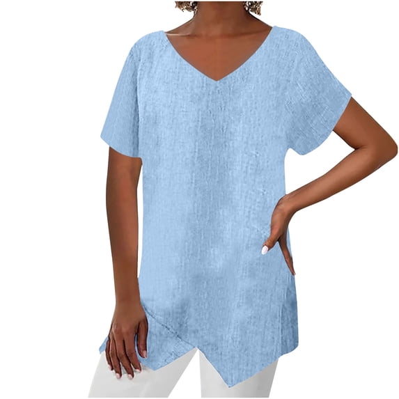 tklpehg Short Sleeve Shirts for Women Lightweight Loose Blouses Casual V-Neck Cotton Linen Irregular Blouse Tops Summer Vintage Solid Color Blouses (Blue,XXL)