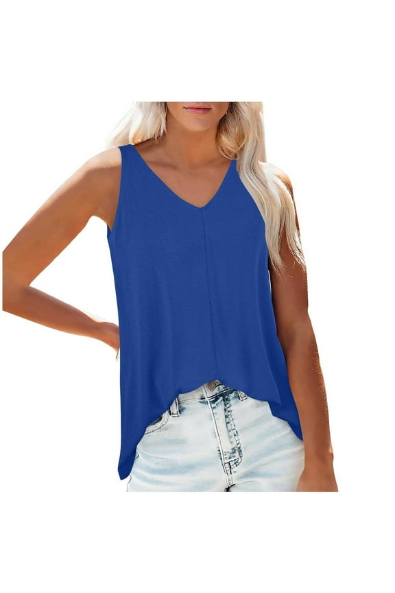 Sleeveless Tops for Women Solid Color Going Out Tops Casual Summer V-Neck Flowy Beach Tank Tops Lightweight Loose Vintage Blouses (Blue,S)
