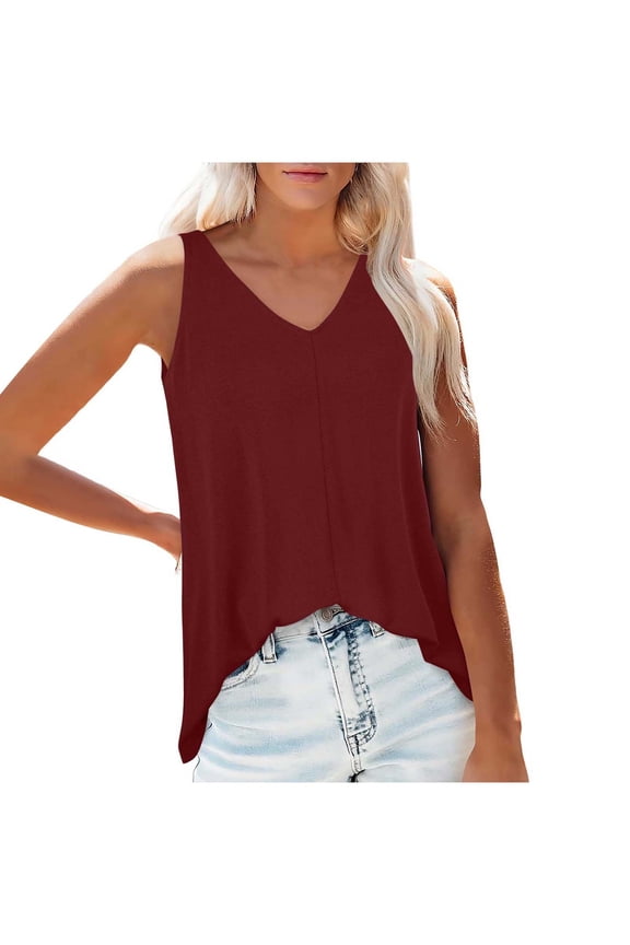 Sleeveless Tops for Women Solid Color Going Out Tops Casual Summer V-Neck Flowy Beach Tank Tops Lightweight Loose Vintage Blouses (Red,S)