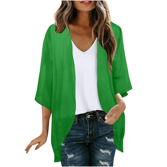 tklpehg Summer Cardigans for Women Lightweight Puff Sleeve Cardigan Loose Chiffon Cover Up Blouse Solid Color Leisure 3/4 Sleeve Fall Coat Overcoat Blouses Green XXL