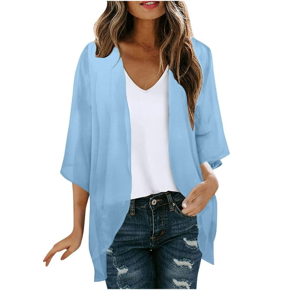 tklpehg Summer Cardigans for Women Lightweight Puff Sleeve Cardigan Loose Chiffon Cover Up Blouse Solid Color Leisure 3/4 Sleeve Fall Coat Overcoat Blouses Blue L