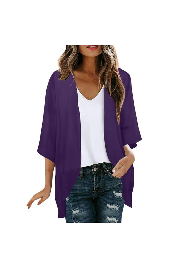 Summer Cardigans for Women Lightweight Puff Sleeve Cardigan Loose Chiffon Cover Up Blouse Solid Color Leisure 3/4 Sleeve Fall Coat Overcoat Blouses Purple XL