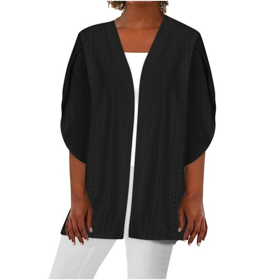 tklpehg Summer Cardigans for Women Lightweight Loose Cardigan Leisure Solid Color Overcoat Fall Coat 3/4 Sleeve Blouses Black M