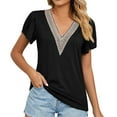 thumbnail image 1 of tklpehg Summer Tops Short Sleeve Shirts for Women Solid Color Tops Graphic Tees Loose Fit V- Neck Crochet Lace Trim Leisure Comfy Lightweight Shirts Black S, 1 of 8