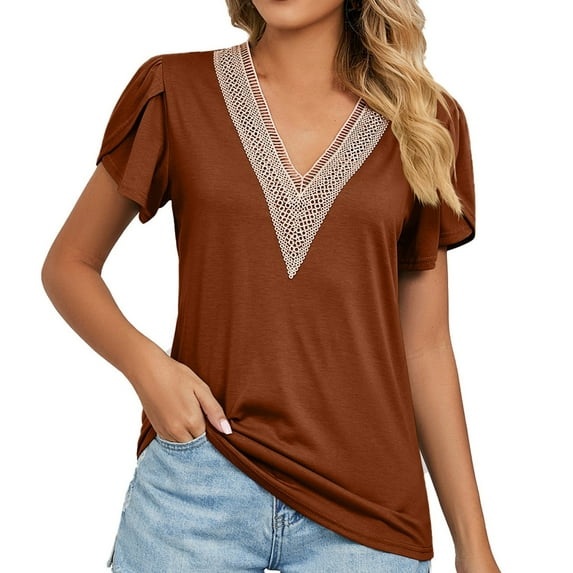 tklpehg Summer Tops Short Sleeve Shirts for Women Solid Color Tops Graphic Tees Loose Fit V- Neck Crochet Lace Trim Leisure Comfy Lightweight Shirts Brown S