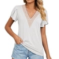 thumbnail image 1 of tklpehg Summer Tops Short Sleeve Shirts for Women Solid Color Tops Graphic Tees Loose Fit V- Neck Crochet Lace Trim Leisure Comfy Lightweight Shirts White XL, 1 of 8