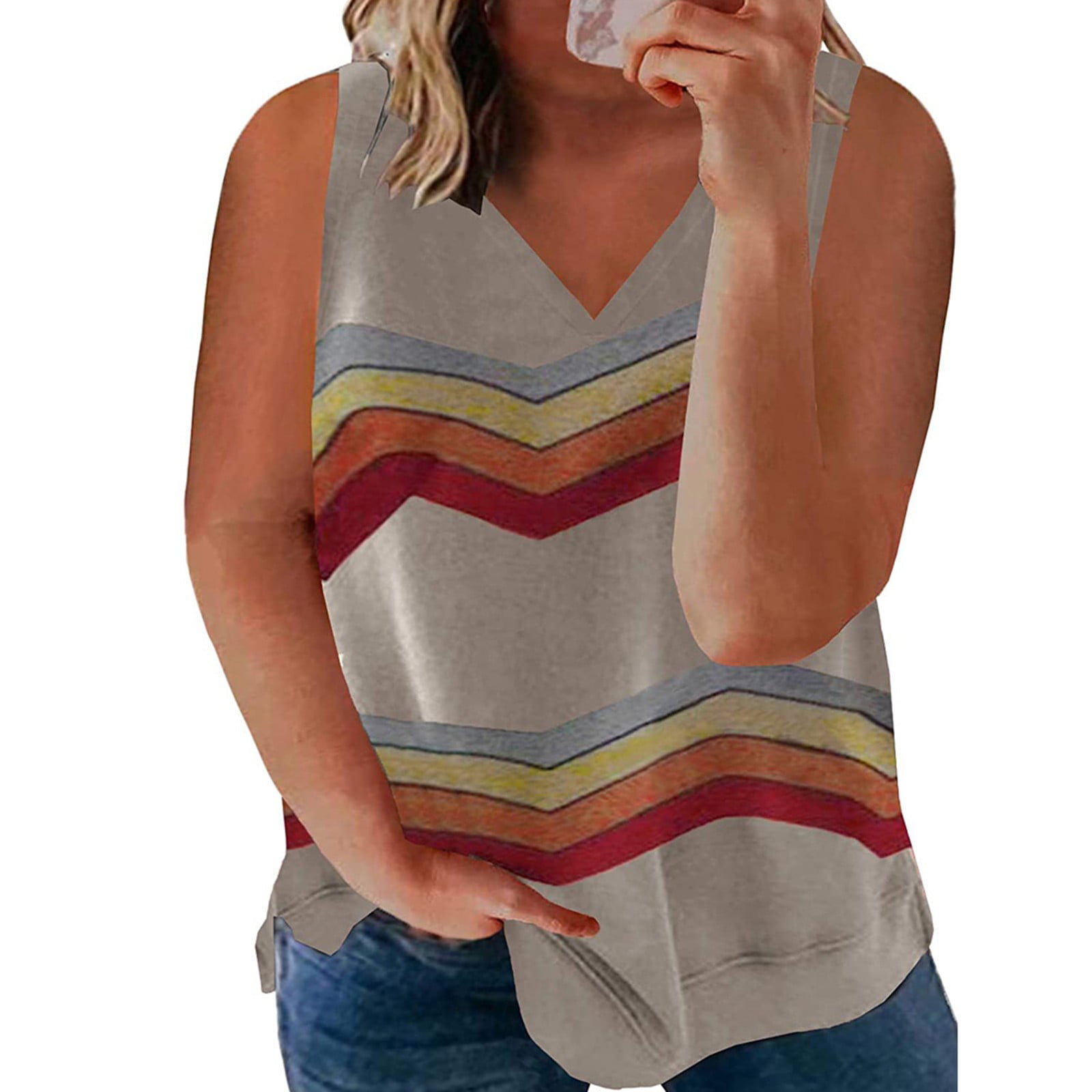 tklpehg Summer Tops,Tank Tops for Women Casual Tank Tops Stripe Printed  Graphic Tees Vest Trendy Lightweight Loose Fit Round Neck Sleeveless Tops  Basic Shirt Blouse Clearance Gray 10(XL) 