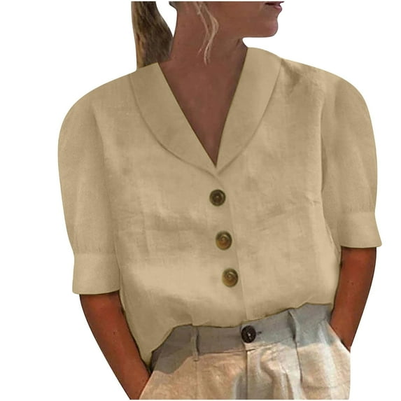 tklpehg Summer Tops for Women Solid Color Tunic Tops Comfortable V Neck Button Basic Tops for Women Leisure Relaxed Fit Workout Shirt Short Sleeve Shirts Tops Blouse Khaki 10(XL)