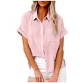 thumbnail image 1 of tklpehg Summer Tops for Women Short Sleeve T Shirts Fashion Plain Colored Leisure Loose Fit Lightweight Blouse Lapel Single Breasted Tops Basic Shirt Pink 8(L), 1 of 8