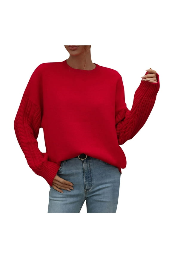Sweaters for Women Trendy Long Sleeve Tops Loose Fashion Solid Color Casual Fall Winter Warm Sweater Knit Sweater Round Neck Sweater Pullover Sweaters Red L