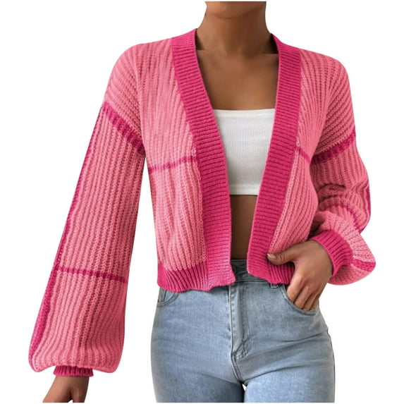 tklpehg Sweaters for Women Open Front Knitted Sweater Short Coat Loose Cardigan Lightweight Long Sleeve Casual Solid Color Outerwear (Pink,M)