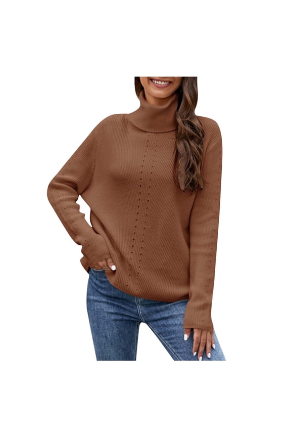 Sweaters for Women Turtle-Neck Solid Collor Recreational Knitting Sweater Loose Long Sleeve Tops Pullover Sweater Brown XL
