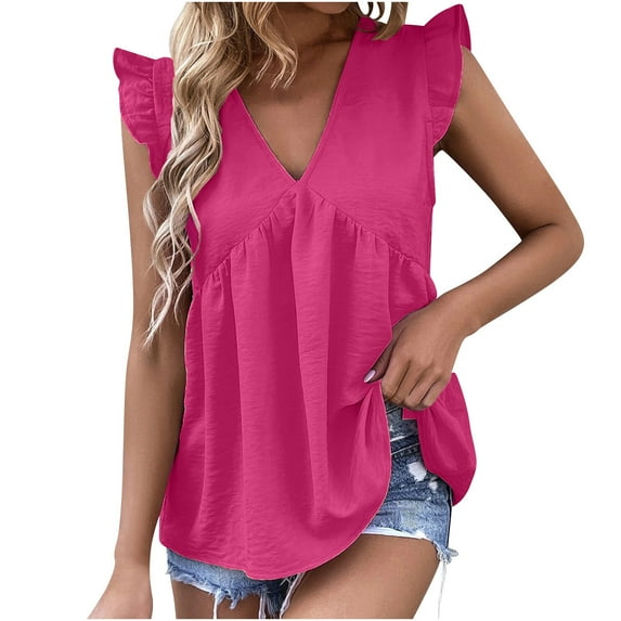 tklpehg Tank Tops Women Summer V-Neck Pleated Elegant Shirt Sleeveless Tee Shirt Vintage Solid Color Lightweight Loose Blouses Going Out Tops Casual Blouses (Hot Pink,S)