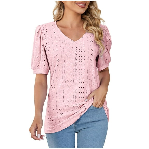 tklpehg Tops for Women Trendy Lightweight Loose Blouses Solid Color Going Out Tops Casual Short Sleeve Tee Shirt V-Neck Puff Sleeve Eyelet Shirts Summer Vintage Tshirt (Pink,XXL)