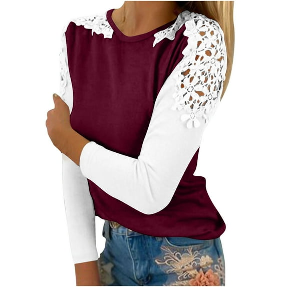 tklpehg Tshirts Shirts for Women Long Sleeve Shirts Loose Lightweight Blouse Solid Color Ladies Tops Fall Crewneck Lace Hollow Out Tunic Tops Casual Pullover Top(V02_ Wine ,M)