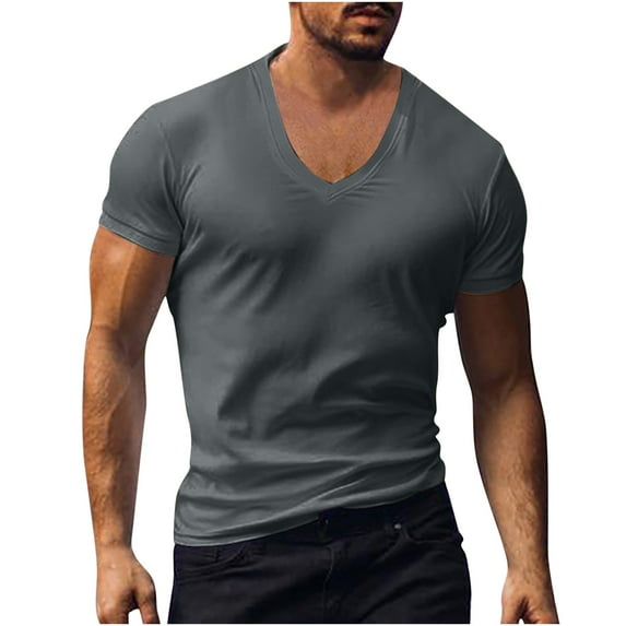 tklpehg Tshirts for Men Summer Business Basic Tops V-Neck Classic Solid Color Shirts Casual Slim Fit Tops Short Sleeve Shirts (Dark Gray,XL)