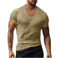 thumbnail image 1 of tklpehg Tshirts for Men Summer Business Basic Tops V-Neck Classic Solid Color Shirts Casual Slim Fit Tops Short Sleeve Shirts (Khaki,L), 1 of 6