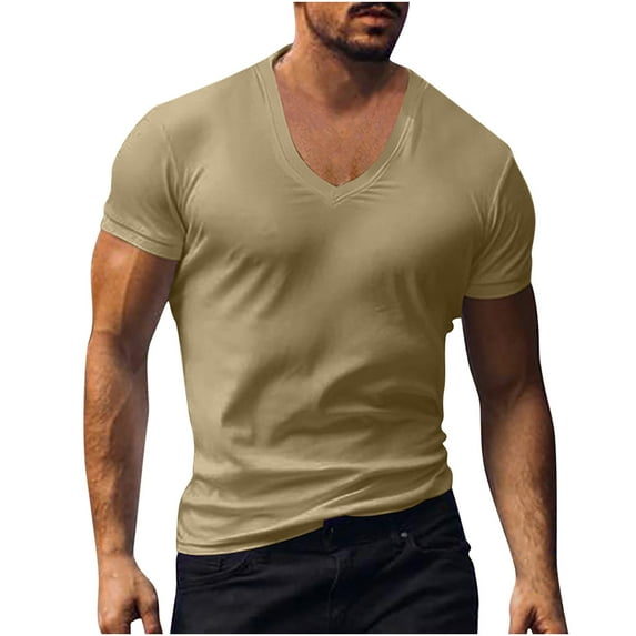 tklpehg Tshirts for Men Summer Business Basic Tops V-Neck Classic Solid Color Shirts Casual Slim Fit Tops Short Sleeve Shirts (Khaki,L)