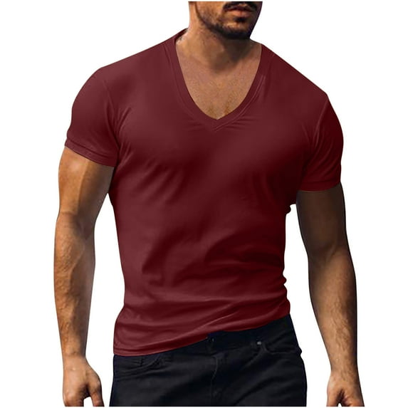 tklpehg Tshirts for Men Summer Business Basic Tops V-Neck Classic Solid Color Shirts Casual Slim Fit Tops Short Sleeve Shirts (Red,S)