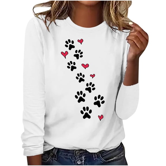 tklpehg Western Clothes for Women Long Sleeve Shirts Vintage Dog Paw Printed Graphic Tee Leisure Crewneck Comfortable Loose Fit Lightweight Blouse Pullover Tops(V01_ White,M)