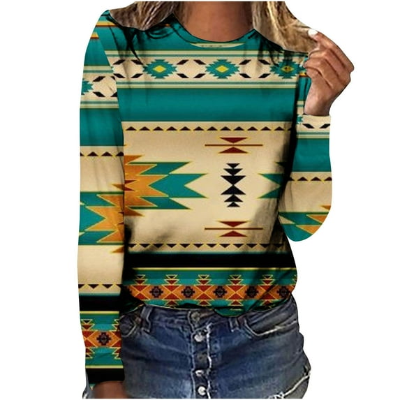 tklpehg Western Clothes for Women Long Sleeve Shirts Vintage Ethnic Geometry Printed Graphic Tee Leisure Crewneck Comfortable Loose Fit Lightweight Blouse Pullover Tops Beige M