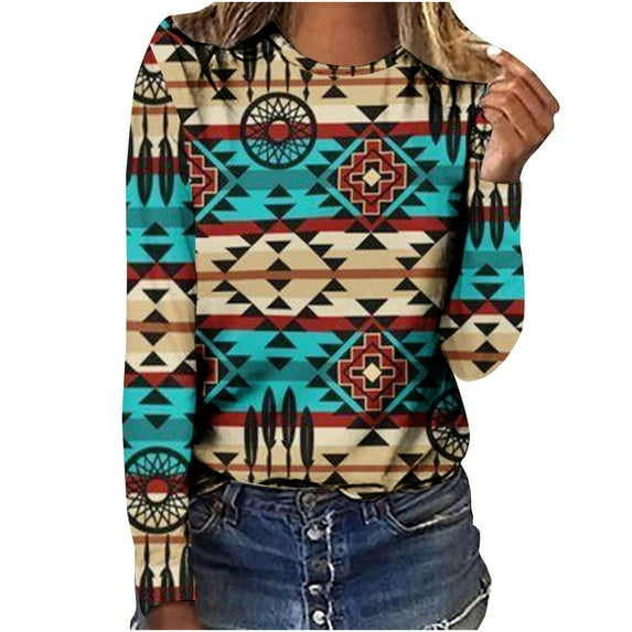 tklpehg Western Clothes for Women Long Sleeve Shirts Vintage Ethnic Geometry Printed Graphic Tee Leisure Crewneck Comfortable Loose Fit Lightweight Blouse Pullover Tops Blue L
