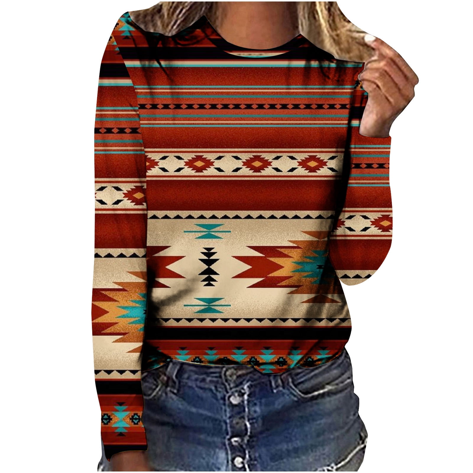 tklpehg Western Clothes for Women Long Sleeve Shirts Vintage Ethnic Geometry Printed Graphic Tee Leisure Crewneck Comfortable Loose Fit Lightweight Blouse Pullover Tops Brown XL Walmart Business Suppl...