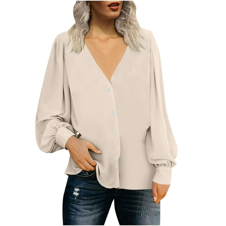 tklpehg Western Tops for Women Loose Soft Blouse V-Neck Button Temperament  Elegant Shirts Solid Color Casual Fall Cute Tops Long Sleeve Tee Shirts