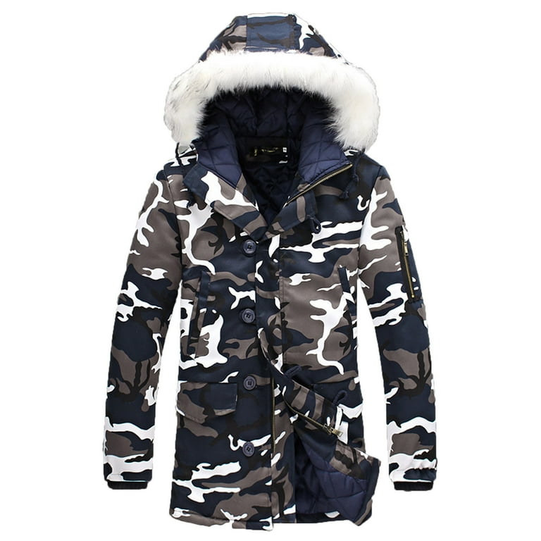 tklpehg Winter Coat Trendy Long Sleeve Jacket Mid length Hooded Camouflage Zipper Buttons Warm Collar Cotton Jacket Coats Blue L Walmart