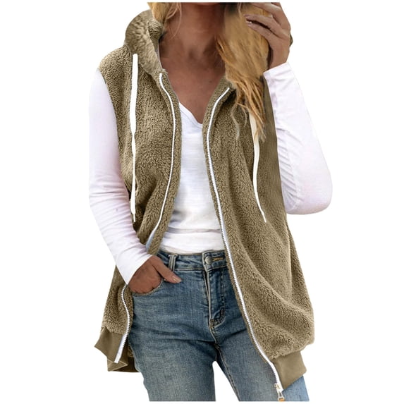 tklpehg Winter Coats for Women Loose Zip Up Hooded Fleece Jackets Outerwear With Pockets Casual Sleeveless Solid Color Winter Warm Jacket Overcoat (Brown,L)