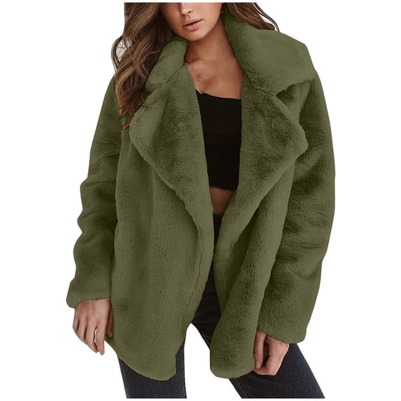 tklpehg Winter Coats for Women Long Sleeve Jacket Lapels Jacket Autumn/Winter Solid Color Cardigan Plush Lapel Coat Tops Army Green XL