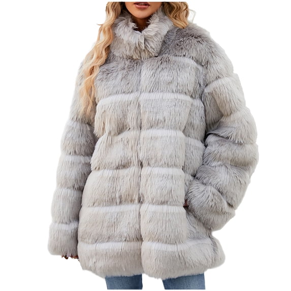 tklpehg Winter Coats for Women Winter Warm Faux Furry Coat Jacket Loose Leisure Fall Coat Long Sleeve Overcoat Solid Color Outwear Gray XL