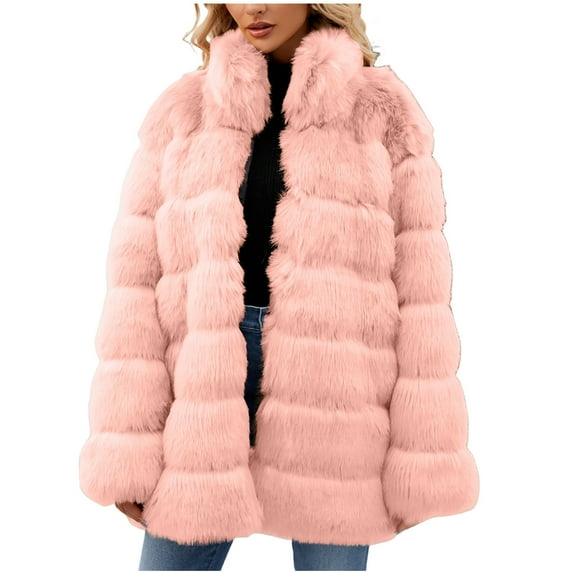 tklpehg Winter Coats for Women Winter Warm Faux Furry Coat Jacket Loose Leisure Fall Coat Long Sleeve Overcoat Solid Color Outwear Pink XXXL