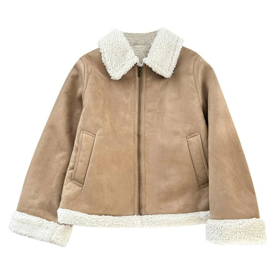 tklpehg Winter Coats for Women Winter Warm Lamb Fleece Jacket Coat Solid Color Leisure Overcoat Long Sleeve Loose Fall Coat Outwear Khaki S