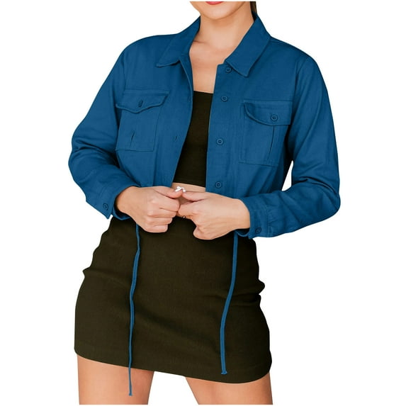 tklpehg Winter Jackets For Women Button Denim Jacket Overcoat Solid Color Fall Coat Loose Leisure Long Sleeve Outwear Blue XL