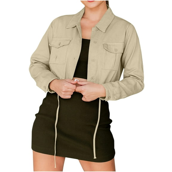 tklpehg Winter Jackets For Women Button Denim Jacket Overcoat Solid Color Fall Coat Loose Leisure Long Sleeve Outwear Khaki L