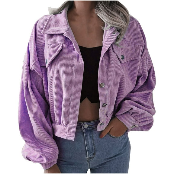 tklpehg Winter Jackets For Women Button Short Coats Leisure Long Sleeve Loose Fall Coat Overcoat Solid Color Outwear Purple S