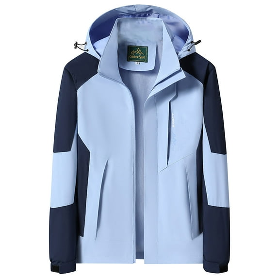 tklpehg Winter Jackets For Women Zipper Hooded Outdoor Rain Jacket Loose Leisure Long Sleeve Overcoat Color Block Fall Coat Outwear Blue L