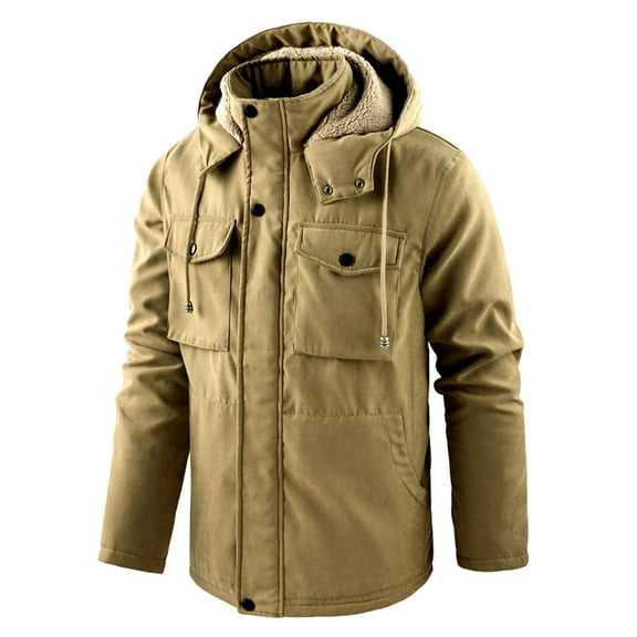 tklpehg Winter Jackets for Men Trendy Long Sleeve Coat Fashion Casual Loose Plush Warm Cotton Hooded Jacket Long Sleeve Parkas Khaki XL