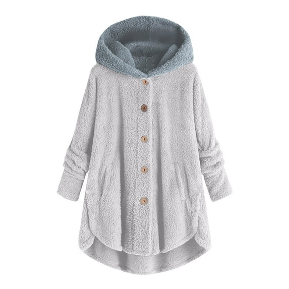 tklpehg Winter Jackets for Women Winter Coats for Women Long Sleeve Hooded Fleece Jacket Casual Plus Size Button Warm Coats Outerwear White-B XXL