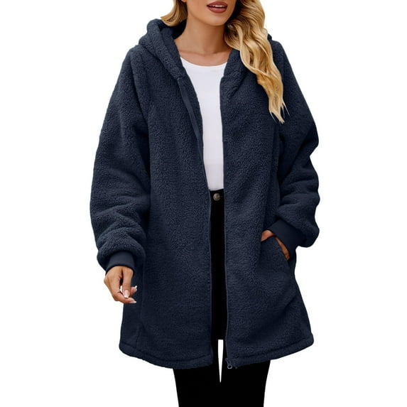 tklpehg Women Coats Casual Long Sleeve Loose Solid Color Lightweight Fall Winter Warm Coat Zipper Hooded Plush Jacket Outerwear (Navy,L)