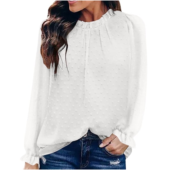 tklpehg Women Fall Fashion 2022 Casual Long Sleeve Chiffon Tops Solid Color Trendy Tops Dressy Casual Loose Comfy Blouse Lightweight Crewneck White M