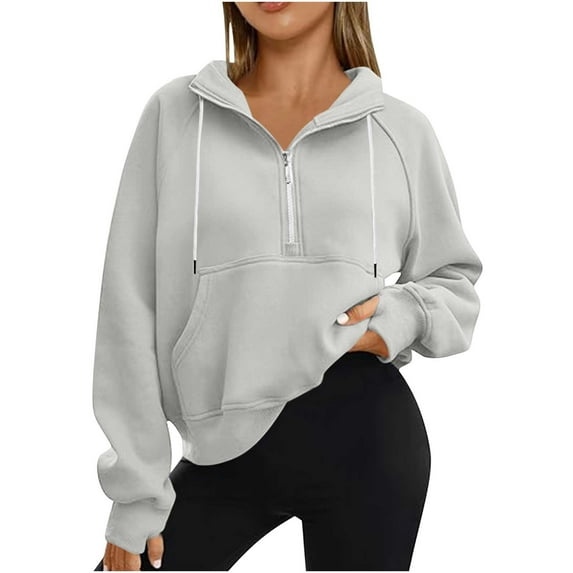 tklpehg Women Half Zip Stand Collar Sweatshirts Long Sleeve Tops Going Out Tops Vintage Sweatshirt V-Neck Classic Solid Color Casual Loose Lightweight Pullover (Gray,S)