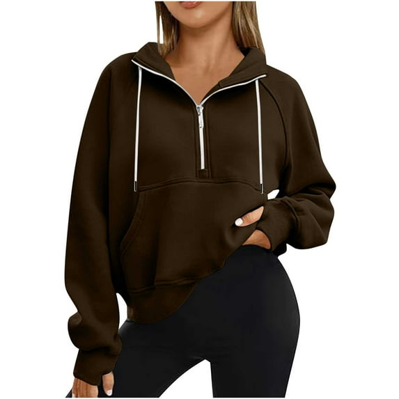 tklpehg Women Half Zip Stand Collar Sweatshirts Long Sleeve Tops Going Out Tops Vintage Sweatshirt V-Neck Classic Solid Color Casual Loose Lightweight Pullover (Brown,M)