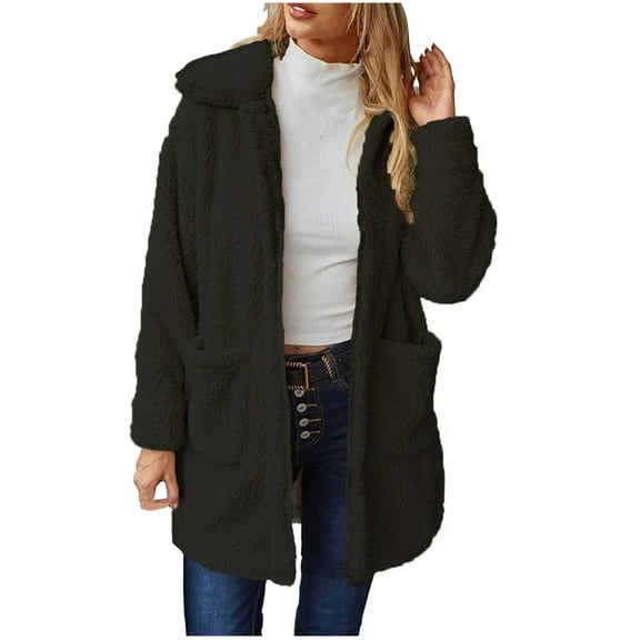 tklpehg Women'S Jackets for Winter Warm Jacket Long Sleeve Plush Hooded Pocket Jackets Casual Solid Color Loose Overcoat (Black,L)