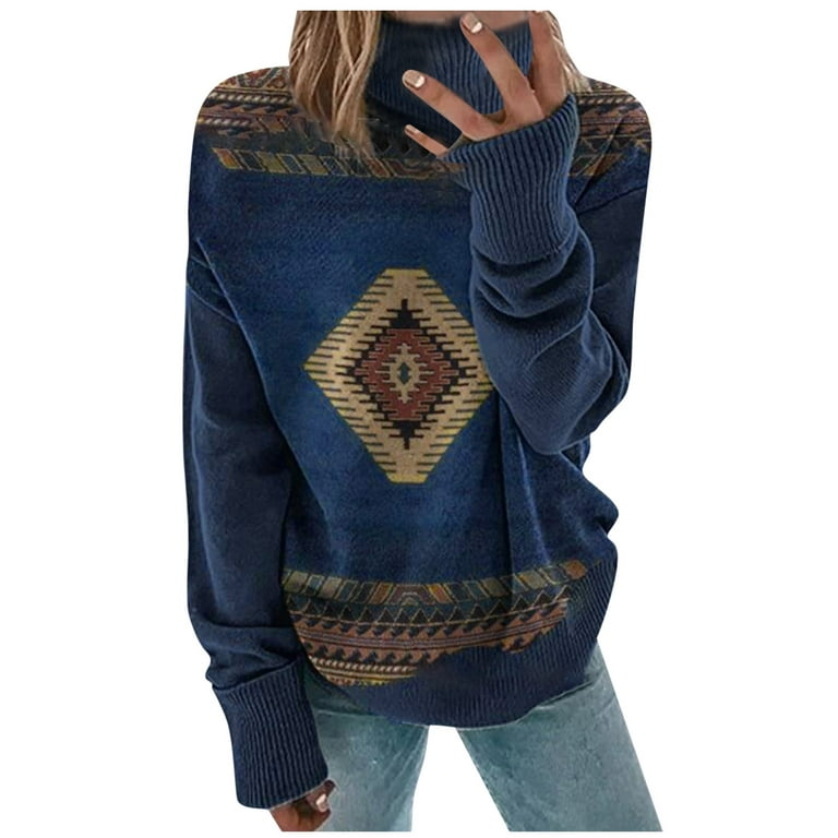 Graphic Print Long Sleeve Tops for Women Fashion Turtleneck Cozy