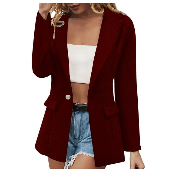 tklpehg Women's Blazers & Suit Jackets Lightweight Blazer Open Front Button Suits Work Office Jackets Overcoat Fall Coat Long Sleeve Leisure Solid Color Loose Outwear Wine S