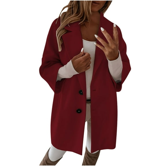 tklpehg Women's Jackets for Winter Fall Winter Button Coat Fall Coat Loose Leisure Overcoat Solid Color Long Sleeve Outwear Wine L
